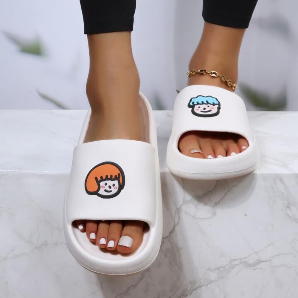 Cute Cartoon People Chunky Slides White Slip On Sandals Shoes